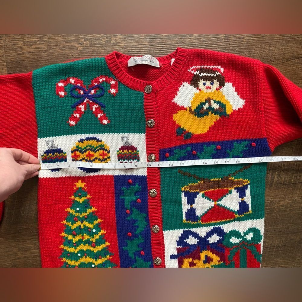 KAREN SCOTT vintage 90s knit Christmas cardigan holiday sweater cute granny L - Picture 11 of 16
